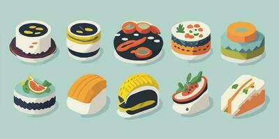 en värld av smaker, roligt och färgrik tecknad serie vektor illustration av sushi
