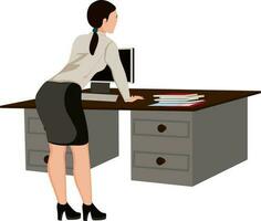 företag lady karaktär stående på henne arbetssätt skrivbord Stöd. vektor