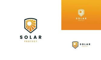 Sonne schützen Logo Design, Sonne Pflege Symbol Vorlage, Sonne mit Schild Logo Konzept vektor