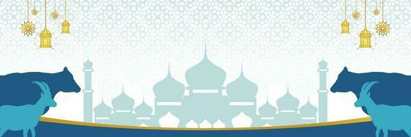 islamisch Hintergrund zum eid al-adha, mit Moschee, mandala, Kuh und Ziege Symbole. Banner Vorlage mit leeren Raum zum Text. Qurban Tag Vektor Illustration