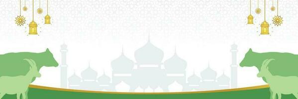 islamisch Hintergrund zum eid al-adha, mit Moschee, mandala, Kuh und Ziege Symbole. Banner Vorlage mit leeren Raum zum Text. Qurban Tag Vektor Illustration