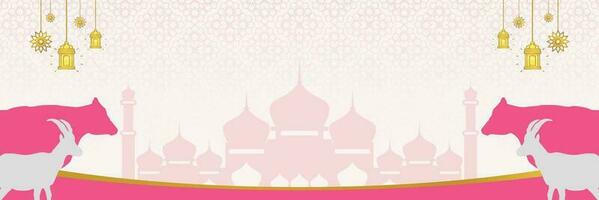 islamic bakgrund för eid al-adha, med moské, mandala, ko och get ikoner. baner mall med tömma Plats för text. Qurbån dag vektor illustration