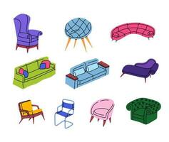 Karikatur Farbe Stuhl, Sofa und Couch Symbole Satz. Vektor