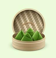 realistisk detaljerad 3d bambu ångkokare med mat ris dumplings. vektor