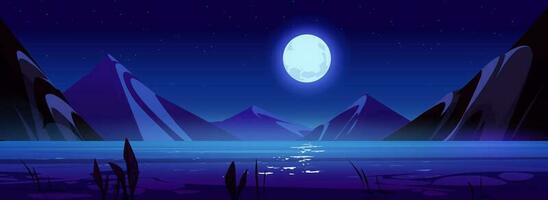 Nacht Szene mit See, Berge, Mond im Himmel vektor