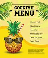 cocktail meny affisch ananas i solglasögon och dricka sugrör vektor