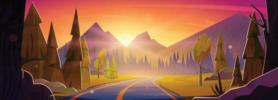 tecknad serie berg solnedgång se från motorväg vektor