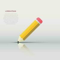 realistisk gul trä- penna med sudd suddgummi ikon i platt stil. stryknings vektor illustration på vit isolerat bakgrund. penna företag begrepp.