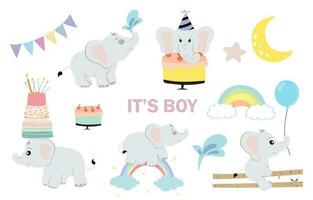 bebis elefant objekt med ballong, regnbåge, måne för födelsedag vykort vektor