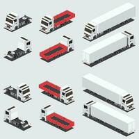 isometrisk röd platt säng frakt lastbil och lastbil trailer med behållare. ikoner uppsättning. kommersiell transport. logistik. vektor