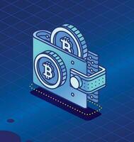 isometrisch Krypto Brieftasche mit Kryptowährung. zwei Bitcoin. Symbol zum Kryptowährung Lager App. Blockchain Technologie. vektor