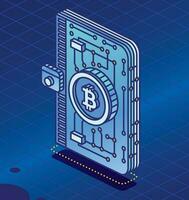 isometrisk crypto plånbok med kryptovaluta. detaljerad ikon för kryptovaluta lagring app. blockchain teknologi. vektor