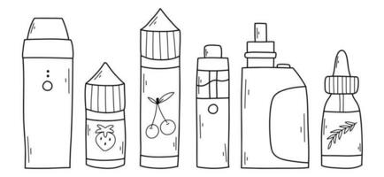 Dampfen Satz. Dampfen Flüssigkeiten. Sammlung von elektronisch Zigaretten im Gekritzel Stil. Vektor Illustration.