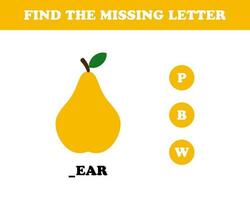 hitta de saknas brev kalkylblad för ungar, päron, vektor. vektor