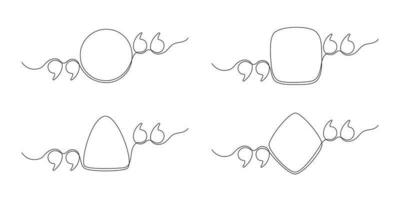 Zitat kontinuierlich Linie im Kreis, Quadrat, Dreieck und Rhombus Rede Blase mit Kommas, Zitat Kennzeichen im sich unterhalten Satz, Single Zeichnung. Zitat markieren, freihändig einer Linie Hand gezeichnet Stil. Vektor Illustration