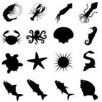 skaldjur ikon vektor uppsättning. hav skapelser illustration tecken samling. djur symbol eller logotyp.