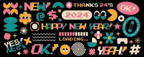 einstellen von 2024 Aufkleber mit naiv spielerisch abstrakt Formen und glücklich Neu Jahr Beschriftung. Uhrwerk Kreis, Oval Rechteck, gewölbt Augen, im modisch 90er Jahre Pixel retro Karikatur Stil. Vektor Illustration.