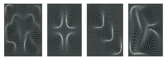 uppsättning av geometri trådmodell maska bakgrunder i vit färger på en svart trådmodell maska bakgrund. abstrakt affischer, mönster, cyberpunk element i trendig psychedelic stil. vektor illustration.