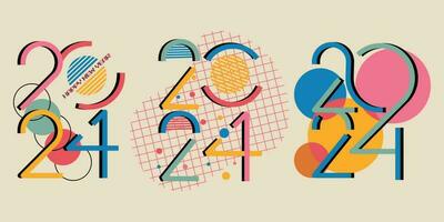 Lycklig ny år 2024 med färgrik former, rader, cirklar. vektor illustration för design dekoration, företag kort, böcker, tidningar av Lycklig ny år 2024 firande.
