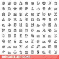 100 satellit ikoner uppsättning, översikt stil vektor