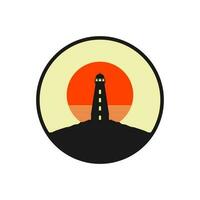 Leuchtturm auf das Kante von ein Cliff mit Sonnenaufgang oder Sonnenuntergang eben Design Vektor Illustration