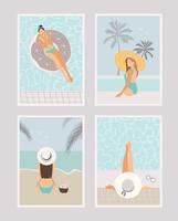 Satz Sommerkarten schöne Frauen sitzen in der Nähe des Pools oder am Strand vektor
