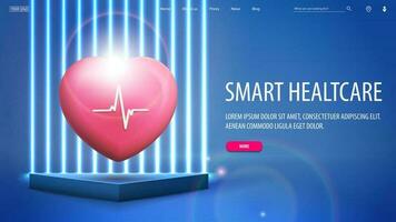 online Medizin, Banner mit 3d Herz auf Blau Podium mit Blau Neon- Linie Mauer auf Hintergrund vektor