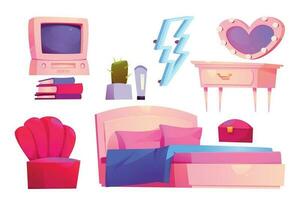 flicka sovrum interiör med säng med rosa kuddar vektor