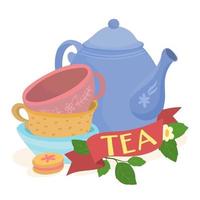 Set Teetassen mit Krug und Blumenschmuck vektor