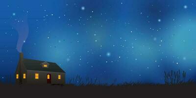 Land Haus und Gras Feld Silhouette mit Nacht Himmel und ein Menge von Sterne Hintergrund. ländlich Landschaft mit Haus beim Nacht Vektor Illustration haben leer Raum.