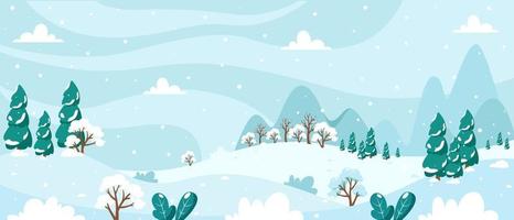 snöig vinterlandskap med träd berg fält vektor