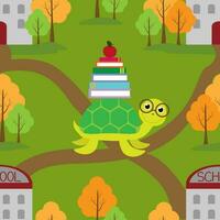 Vektor nahtlos Muster mit Schildkröte mit Bücher gehen zu Schule im Herbst im Karikatur Stil. zurück zu Schule Muster
