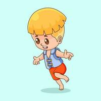 söt illustration av en pojke med en Lycklig ansikte välkomnande sommar, använda sig av kropp flyter och simning klädsel vektor