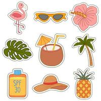 Illustration von verschiedene Typen von Sommer- Urlaub thematisch Aufkleber, süß und bezaubernd Artikel setzt vektor