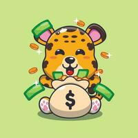 leopard med pengar väska tecknad serie vektor illustration.