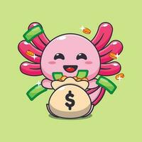 axolotl med pengar väska tecknad serie vektor illustration.