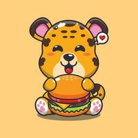 Leopard mit Burger Karikatur Vektor Illustration.