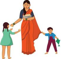 indisch Frau geben Ladoo Süss zu Kinder im Stehen Pose. vektor