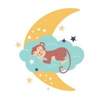 niedlicher Affe schläft auf einer Wolke neben dem Mond und Sternenvektorillustration in einem flachen Stildekor für Kinderplakate, Postkarten, Kleidung und Interieur vektor