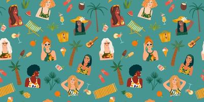 Vektor nahtloses Muster mit Frauen im Badeanzug am tropischen Strand