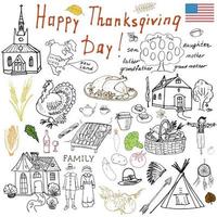 Thanksgiving-Kritzeleien setzen traditionelle Symbole Skizze Sammlung Lebensmittel Getränke Truthahn Kürbis Mais Wein Gemüse Indianer und Pilger Artikel Freihand Vektor Zeichnung und Beschriftung