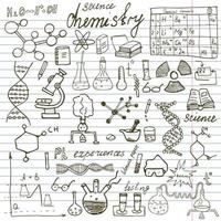 kemi och vetenskap element doodles ikoner anger handritad skiss med mikroskop formler experiment utrustning analysverktyg vektorillustration på papper anteckningsbok bakgrund vektor