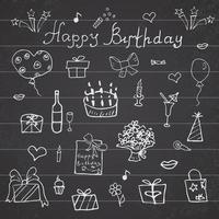 födelsedag element handritad set med födelsedagstårta ballonger gåva och festliga attribut barn ritning doodle samling på svarta tavlan bakgrund vektor
