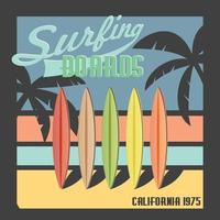 Surfbretter Kalifornien Typografie T-Shirt Druck Design Sommer Vektor Abzeichen Etikett