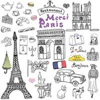 Paris Doodles Elemente Hand gezeichnet mit Eiffelturm gezüchtet Cafe Taxi Triumphbogen Mode Elemente Katze und Französisch Bulldogge Zeichnung Doodle Sammlung und Schriftzug isoliert auf Weiß vektor