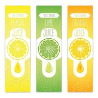 Etikette Vorlage für Zitronenlimette und frischen Orangensaft für Zitrusfruchtprodukte drei Banner mit Fruchtscheiben, Safttropfen und Blasen vektor