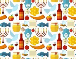 rosh hashanah shana tova oder jüdisches neues Jahr nahtloses Muster mit Honigapfelfischbienenflaschentorah und anderen traditionellen Gegenständen vektor