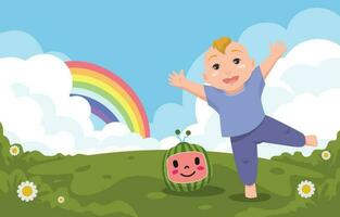 Baby Junge und Wassermelone Puppe mit Regenbogen Hintergrund vektor