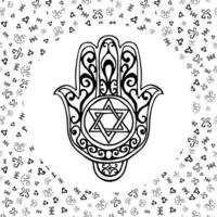 Hand gezeichnete Skizze der traditionellen jüdischen religiösen Symbole Hand von Miriam Palme von David Stern von David Rosh Hashanah Hanukkah Shana Tova Vektor-Illustration auf Ziermuster