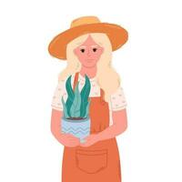 kvinna trädgårdsmästare med inlagd hus växt. trädgårdsmästare, florist, jordbrukare, botanik, säljare i en blomma affär vektor